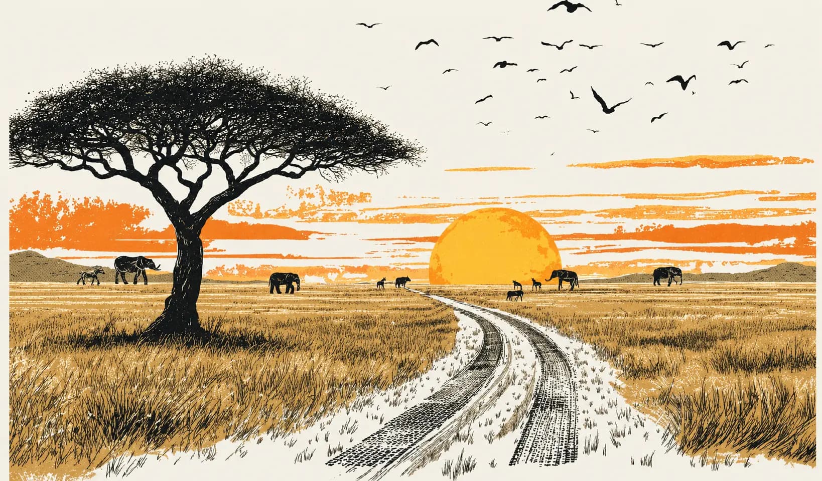 Hand-drawn vintage screen-print illustration of the Namibian savannah with acacia tree, gravel road, elephants, birds, and sunset
