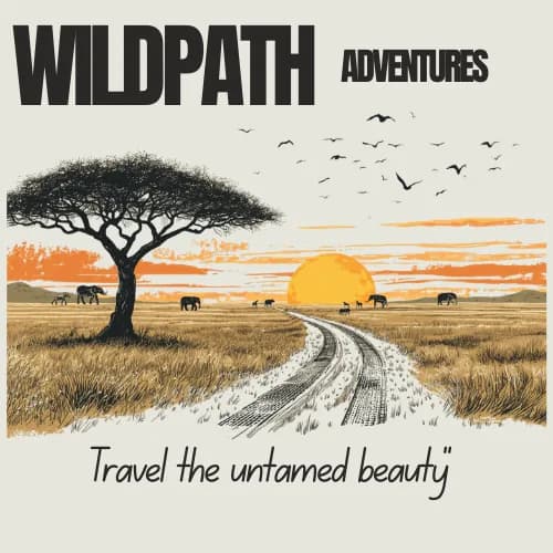 Wildpath savanna illustration with acacia tree and sunset