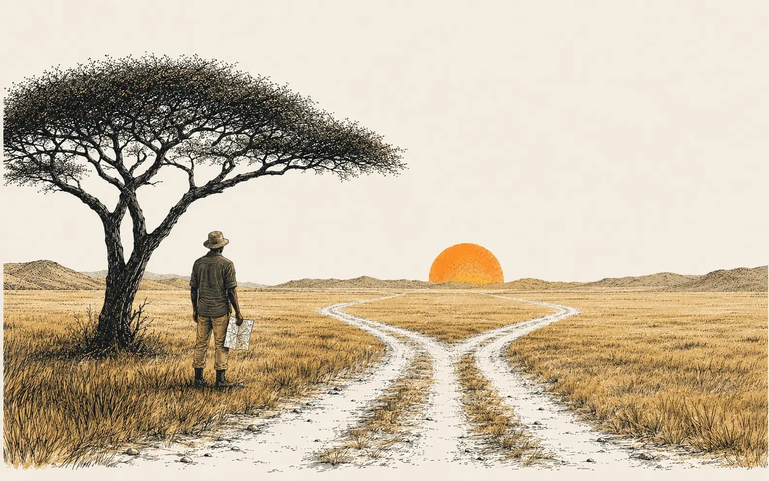 Hand-drawn illustration of a lone acacia tree against the vast Namibian desert sky