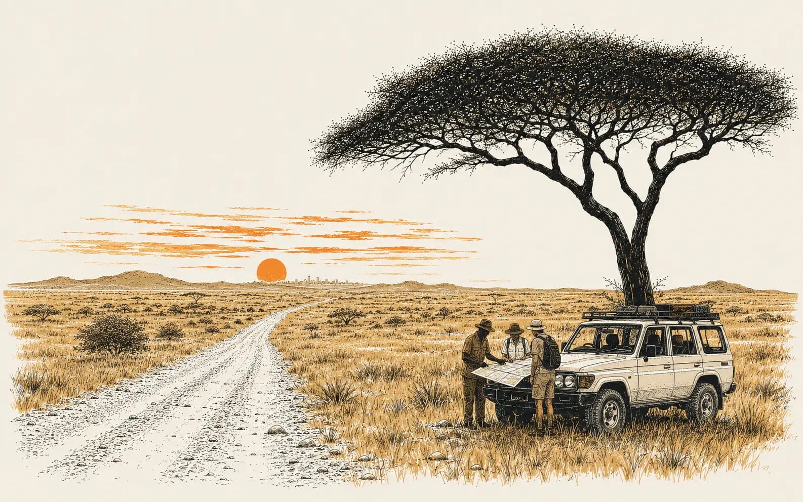 Hand-drawn illustration of the Namibian landscape with open sky on the left side